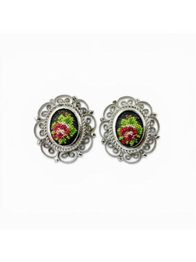 Vintage Austrian Petit Point Clip On Earrings, Floral Needlepoint Rose, Silver